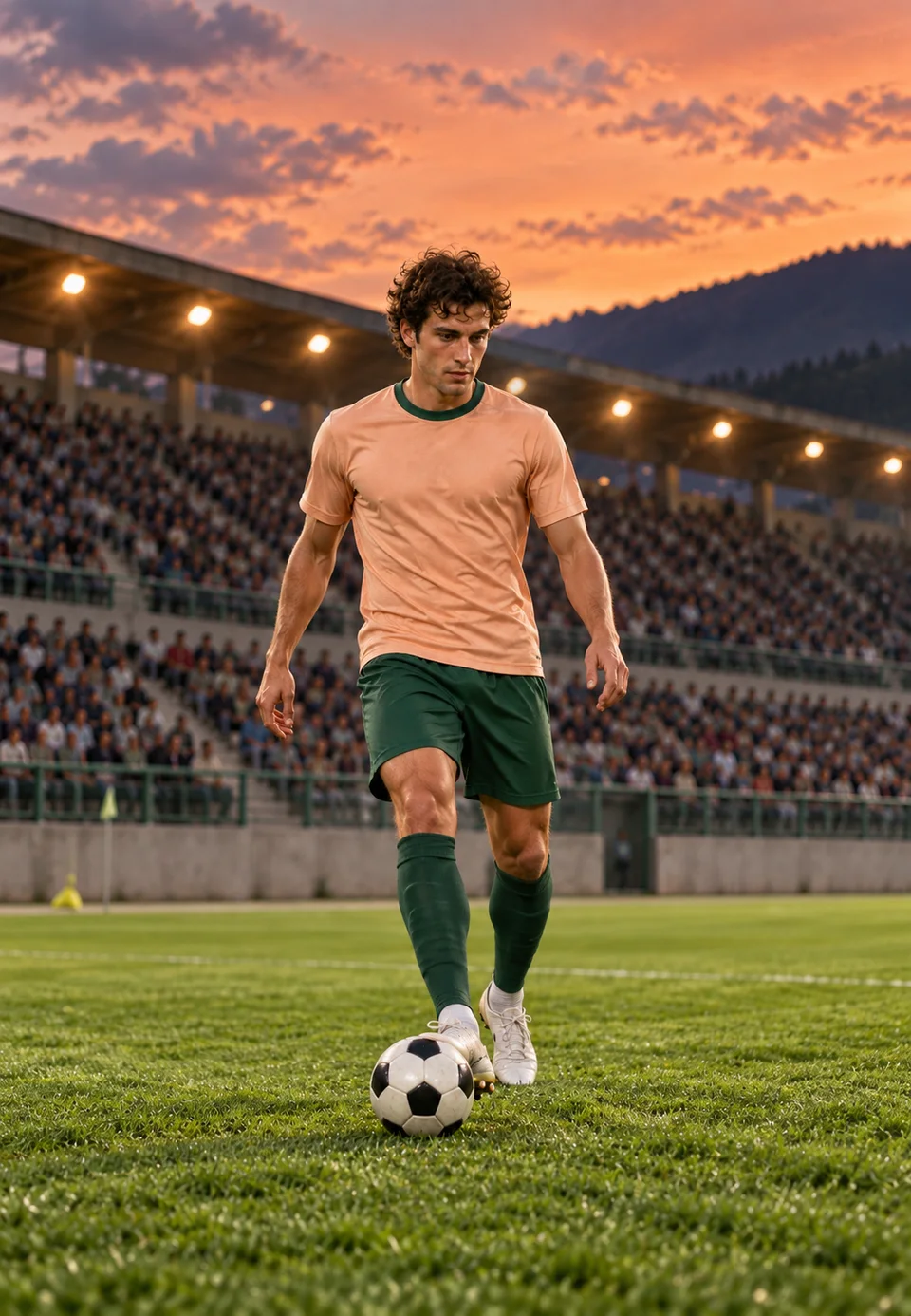 AI concept of a fictional adult footballer in an unbranded peach and green kit